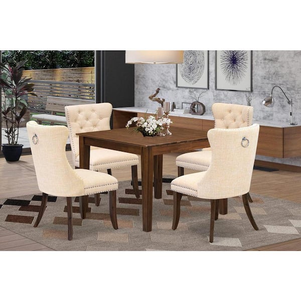 East West Furniture 5-Piece Antique Walnut Finish Solid Wood Top - Square Upholstered Dining Room Set - Seats 4