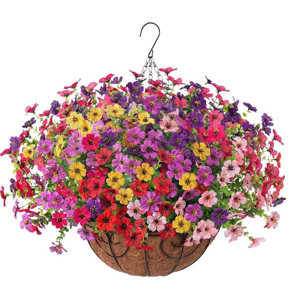 Hcman UV Resistant 6 Multicolor Artificial Faux Silk Hanging Plants Flowers  with Basket for Porch, Patio, Balcony, Yard WYF-4116372