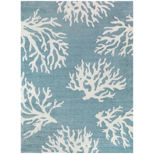 PRIVATE BRAND UNBRANDED Caistor Light Blue 5 ft. x 7 ft. Coastal Coral Print Area Rug