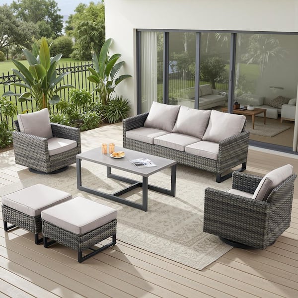 U-Weave Gray 6-Piece Wicker Patio Conversation Set with 4.5 in. Thick Beige Cushions and Ottomans