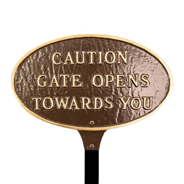 Montague Metal Products 6 in. x 10 in. Small Oval Caution Gate Opens Towards You Statement Plaque Sign with Lawn Stake - Oil Rubbed/Gold
