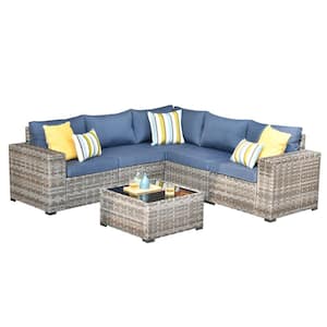 Tahoe Gray 6-Piece Wicker Extra-Wide Arm Outdoor Patio Conversation Sofa Set with Denim Blue Cushions
