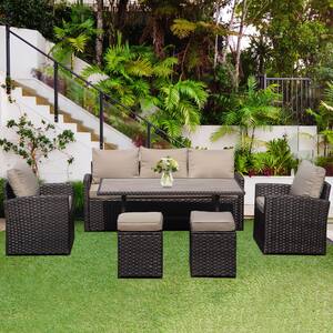 Dark Brown 6-Piece PE Wicker Patio Conversation Set with Khaki Cushions and Table Outdoor Garden Patio Furniture Sets