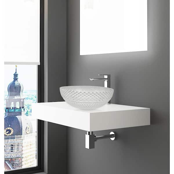 36 in. Wall Mounted Bathroom Countertop Shelf in White Solid Surface with Clear Round Glass Vessel Sink