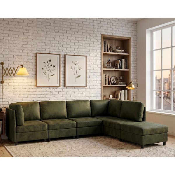 Nina Modern 120 in. 6-Piece Faux Leather Modular Sectional Sofa in Green with Ottoman Removable Cushions