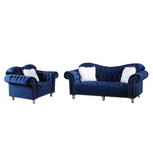Luxury Classic 2-Piece America Chesterfield Tufted Camel Back Sofa Set Chair and Sofa in Blue