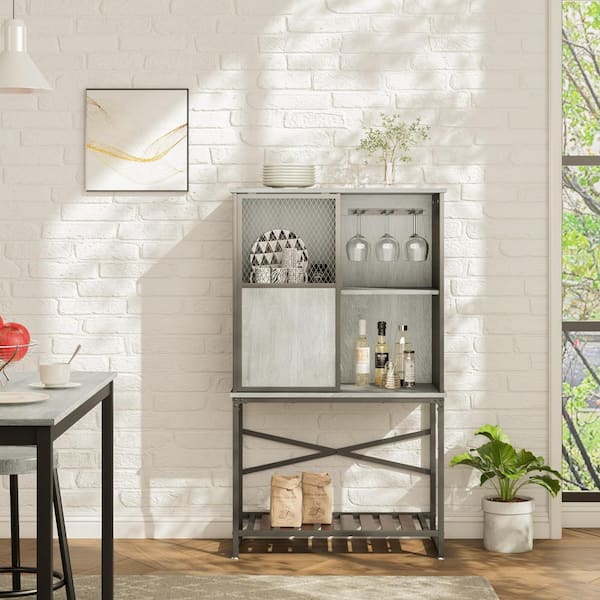 Bestier 30 in. Buffet Sideboard with Stoage Shelf, 6-Bottal Wine Cabinet with Sliding Door, Light Grey