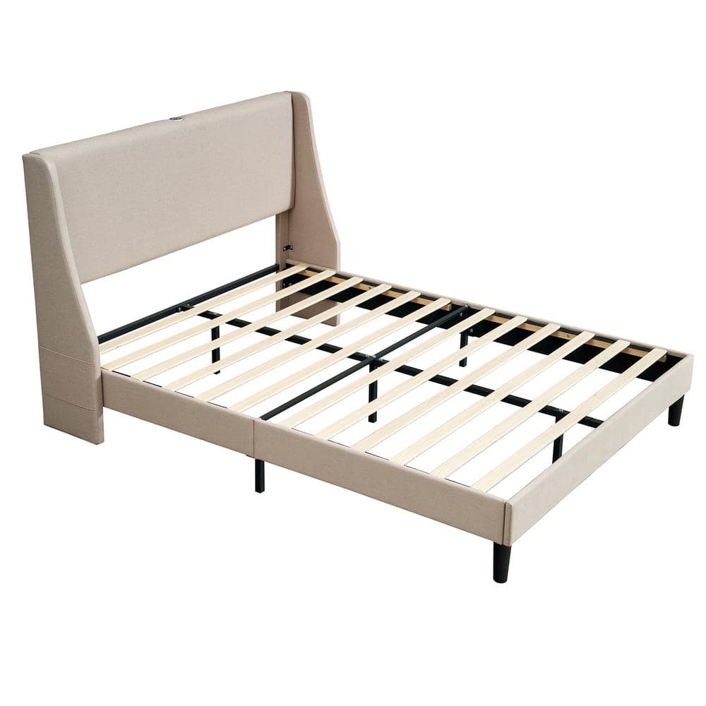 Upholstered Bed Frame with Headboard and Wingback, Beige Queen Size Bed Frame, Platform Bed with USB, and Type-C Ports - thumbnail 7