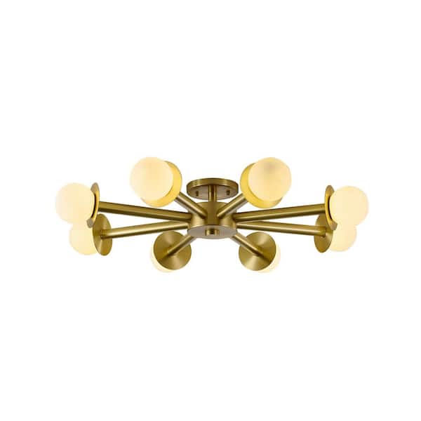 8-Light 36 in. Satin Brass Flush Mount with White Frosted Glass Globe Shades