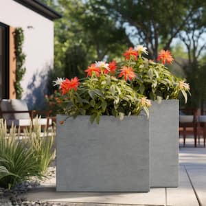 Modern 16in., 24in. High Large Tall Elongated Square Stone Finish Outdoor Cement Planter Plant Pots Set of 2