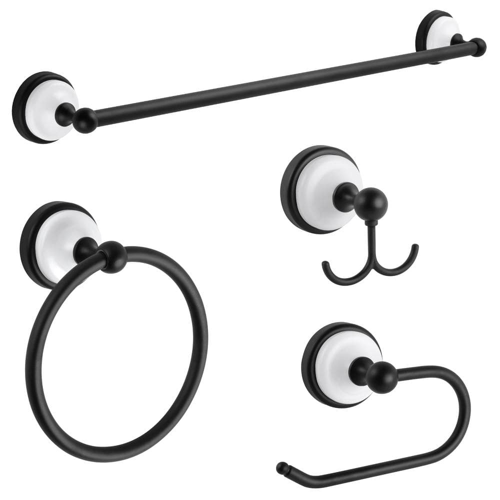 Savannah Matte Black and White 4-Piece Bathroom Hardware Set
