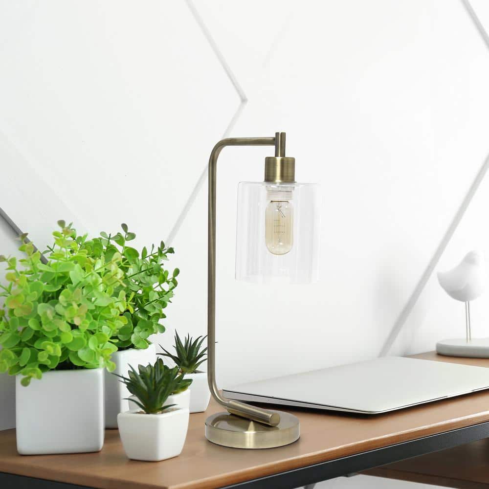 Antique Brass Curved Arm Desk Lamp with Clear Glass Shade