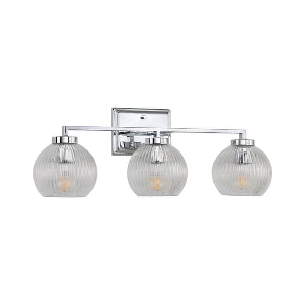 Elliott 7 in. 3 Light Chrome Vanity Light with Ribbed Clear Shade