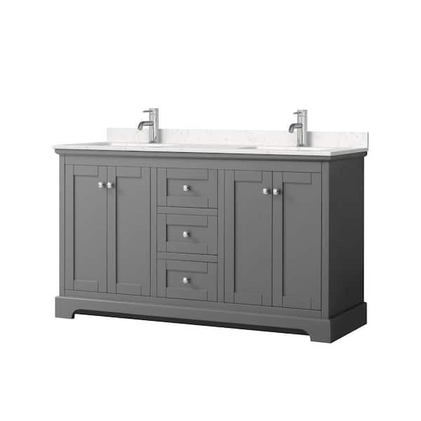 Wyndham Collection Avery 60in.Wx22 in.D Double Vanity in Dark Gray with Cultured Marble Vanity Top in Light-Vein Carrara with White Basins