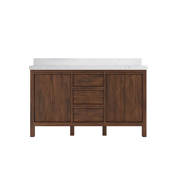 Willow Collections Elizabeth Teak 60 in. W x 22 in. D x 36 in. H Double Sink Bath Vanity in Dark Walnut with 2" Empira Quartz Top