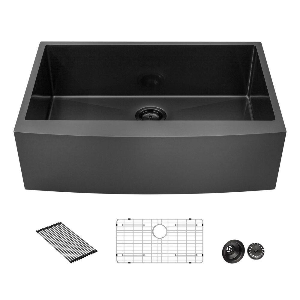 UPIKER Gunmetal Black 16 G Stainless Steel 36 in. Single Bowl Farmhouse Apron Workstation Kitchen Sink with Drainboard and Grid