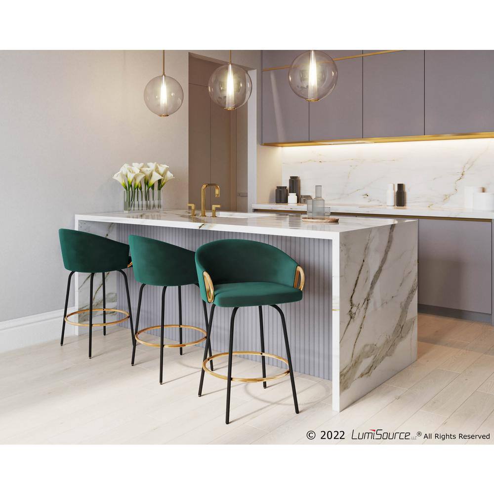 Emerald Green Velvet and Gold Metal Swivel Counter Stools, Set of 2