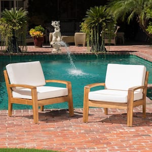 Grenada Teak Finish Stationary Wood Outdoor Lounge Chair with Beige Cushion (2-Pack))