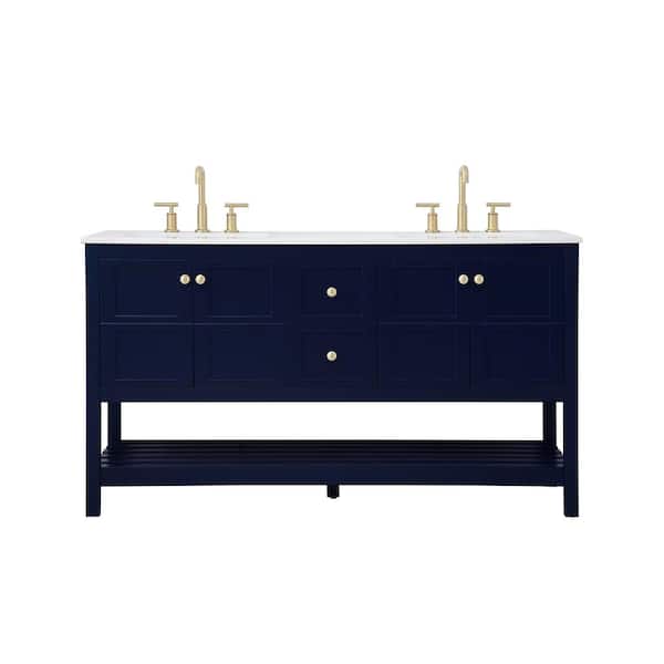 Unbranded Timeless Home 60 in. W x 22 in. D x 34 in. H Single Bathroom Vanity in Blue with White Engineered Stone with White Basin