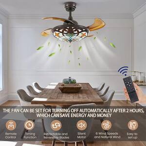 36 in. Integrated LED Indoor Brown Tiffany Retractable Ceiling Fan with Light and Remote Included