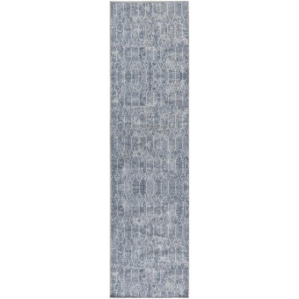 Unbranded Machine Washable Series 1 Blue Grey 2 ft. x 6 ft. Geometric Contemporary Runner Area Rug