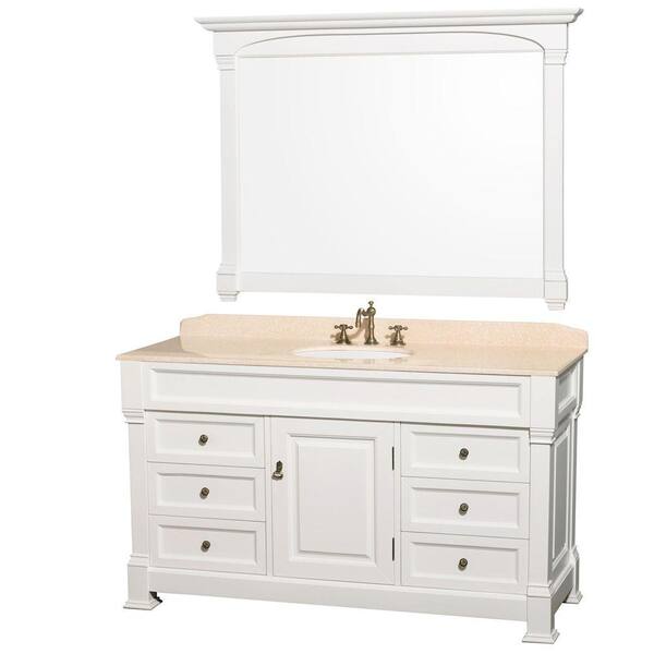 Wyndham Collection Andover 60 in. Single Vanity in White with Marble Vanity Top in Ivory with Porcelain Sink and Mirror