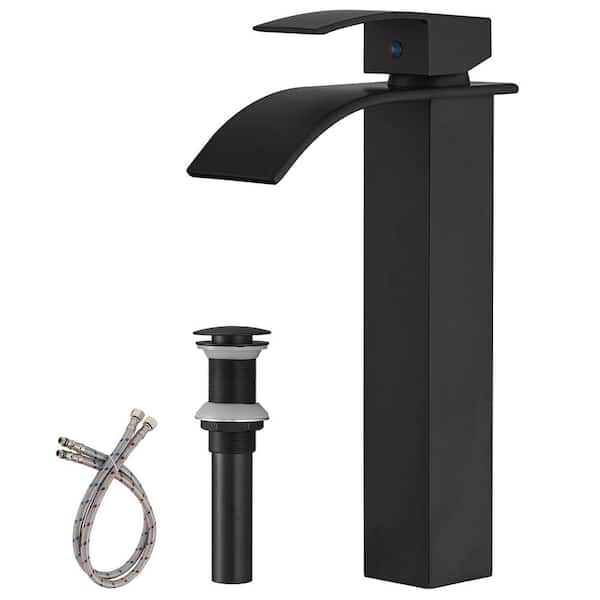 BWE Waterfall Single Hole Single Handle Bathroom Vessel Sink Faucet With Pop-up Drain Assembly in Matte Black