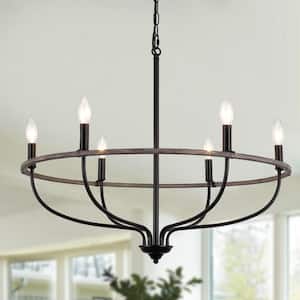 Hatsumi 6 Light Black/Brown Farmhouse Candle Style Wagon Wheel Chandelier for Living Room Kitchen Dining Room Foyer