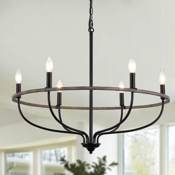 LWYTJO Hatsumi 6 Light Black/Brown Farmhouse Candle Style Wagon Wheel Chandelier for Living Room Kitchen Dining Room Foyer
