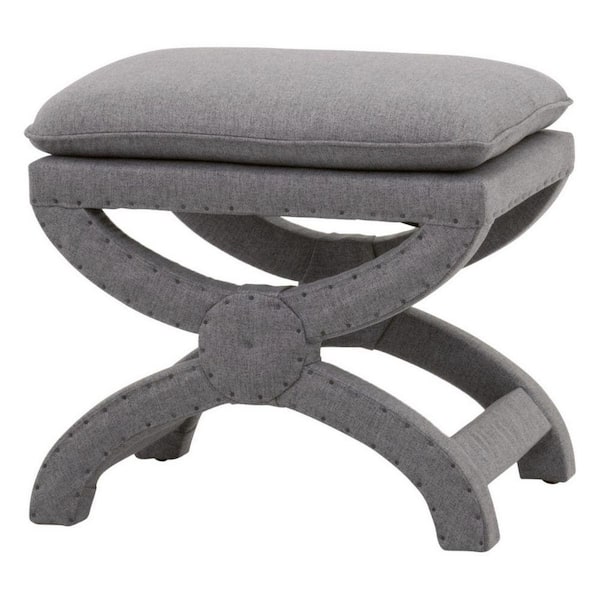 Benjara Gray Plush Cushioned Curved X Frame Fabric Upholstered Ottoman