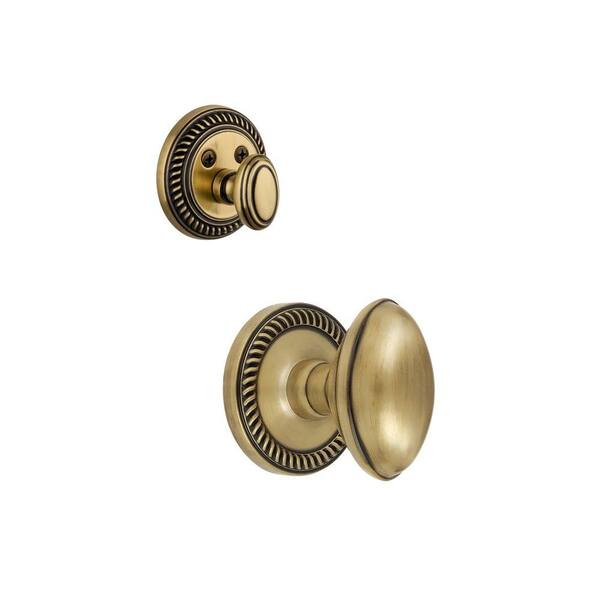 Grandeur Newport Single Cylinder Vintage Brass Combo Pack Keyed Differently with Eden Prairie Knob and Matching Deadbolt