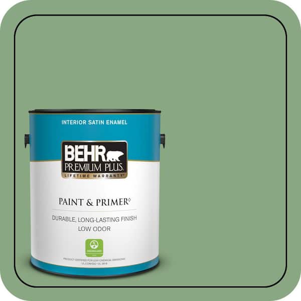 BEHR PREMIUM PLUS 1 gal. #M400-5 Baby Spinach Satin Enamel Low Odor Interior Paint & Primer
