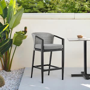 Aileen 30 in. Bar Height Aluminum and Wicker Outdoor Bar Stool with Grey Cushions
