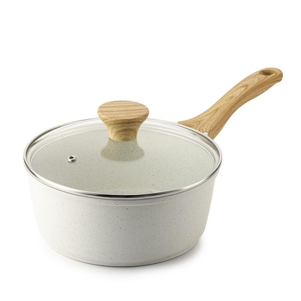 1.5 qt. Ceramic Nonstick Saucepan with Lid, Small Cooking Pot with Stay Cool Handle, White Granite Coating, White