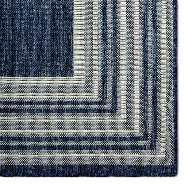 Patio Country Layla Navy Blue/Ivory 5 ft. x 7 ft. Modern Border Indoor/Outdoor Area Rug