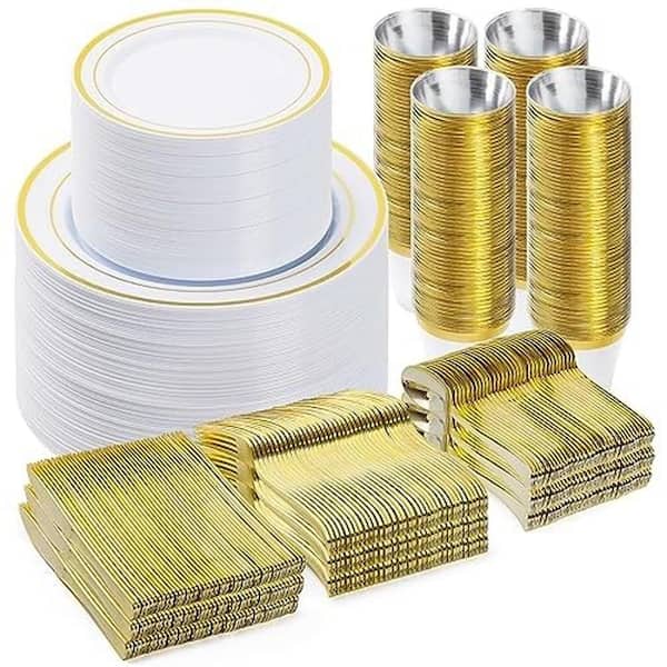600-Piece Gold Disposable Dinnerware Set for 100 Guests, Plastic Plates, Cups, Forks, Spoons, and Knives