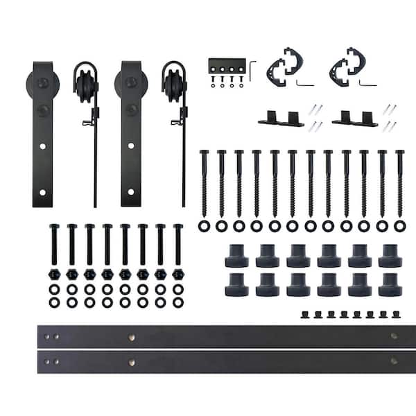 HOMACER 16 ft./192 in. Black Rustic Non-Bypass Sliding Barn Door Track and Hardware Kit for Double Doors
