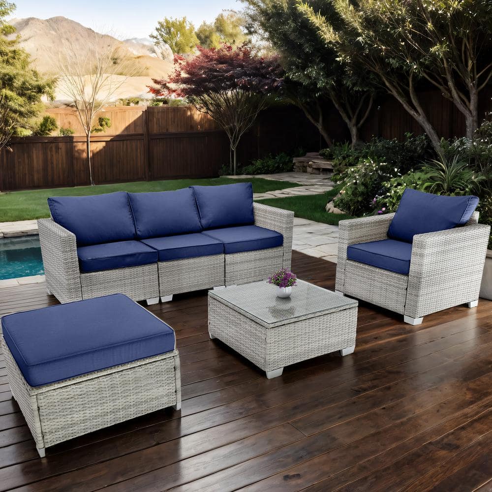 Gray White 6-Pieces Wicker Outdoor Fabric Sofa Sectional Set with Dark Blue