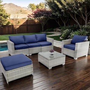 Gray White 6-Pieces Wicker Outdoor Fabric Sofa Sectional Set with Dark Blue Cushions