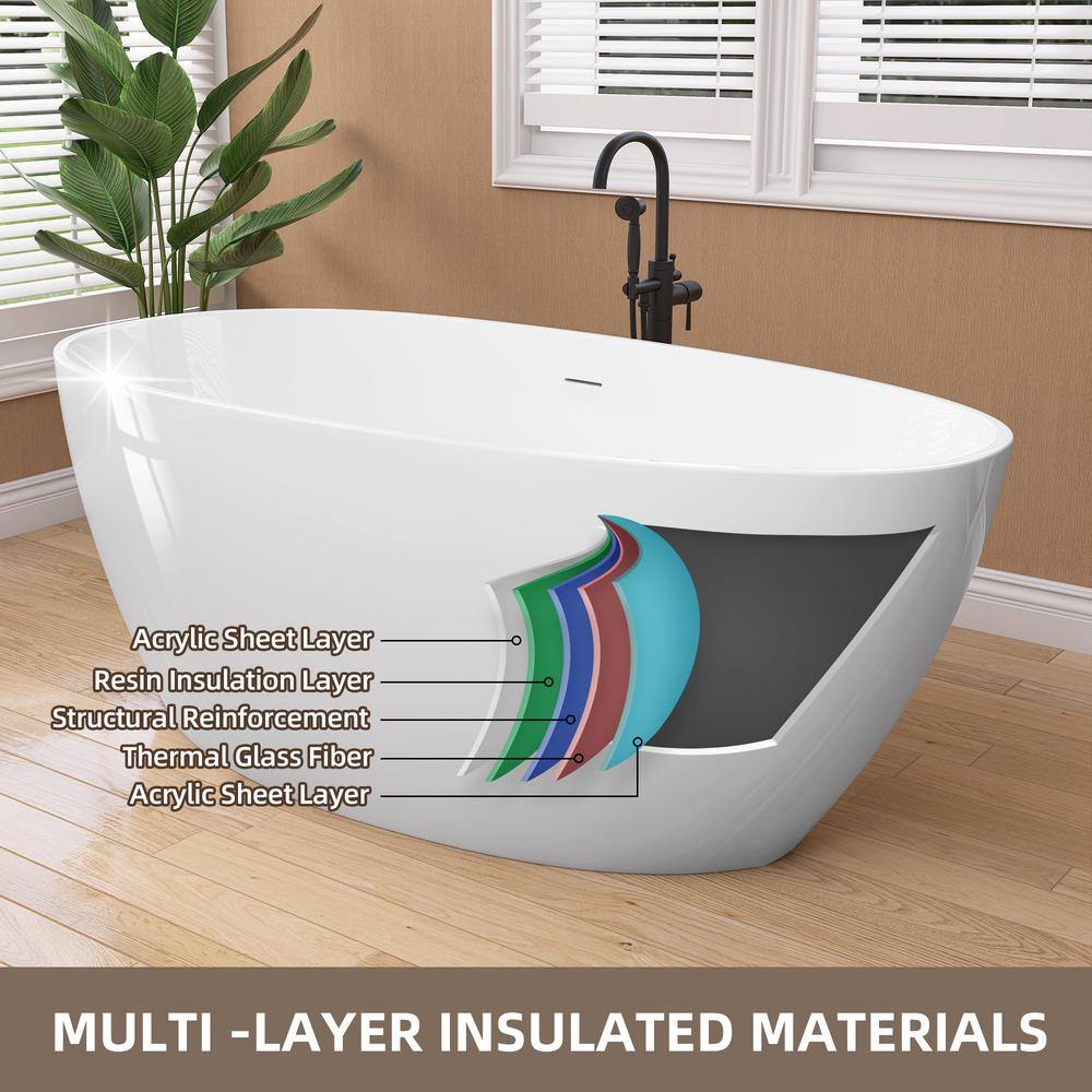Gloss White 59'' Freestanding Acrylic Soaking Bathtub
