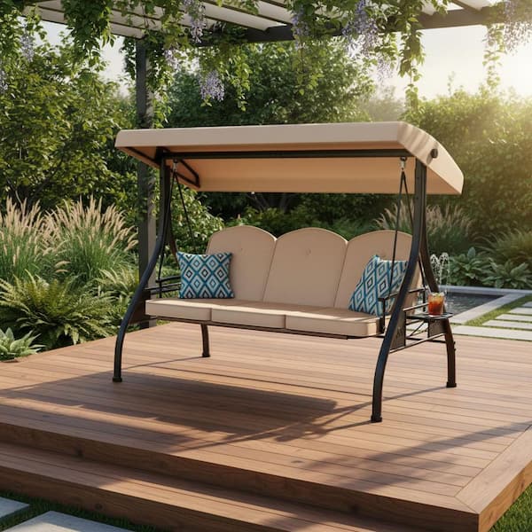 3-Person Black Metal Porch Swing 2-in-1 Convertible Swing Bed with Khaki Cushions for Yard