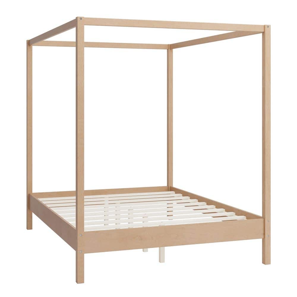 Natural (Light Brown) Solid Wood Frame Queen Size Canopy Bed with Premium Sturdy Construction, No Box Spring Needed - thumbnail 9