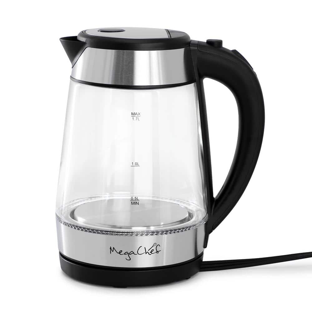 MegaChef 1.7L Silver and Glass Electric Tea Kettle with Auto Shut-Off
