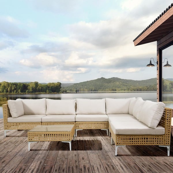 7-Piece Hollow Wicker Patio Conversation Set with Beige Cushions