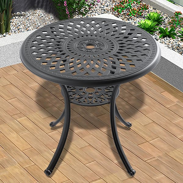 30.71 in. Black Frame Cast Aluminum Patio Dining Table With Umbrella Hole