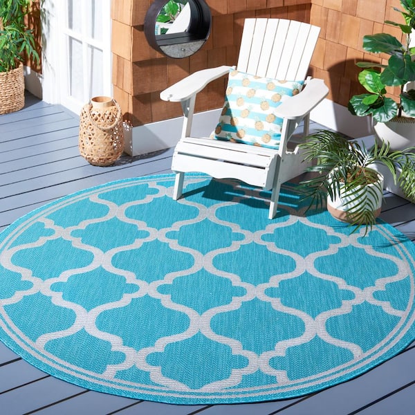 Bermuda Aqua/Gray 7 ft. x 7 ft. Round Border Trellis Indoor/Outdoor Area Rug