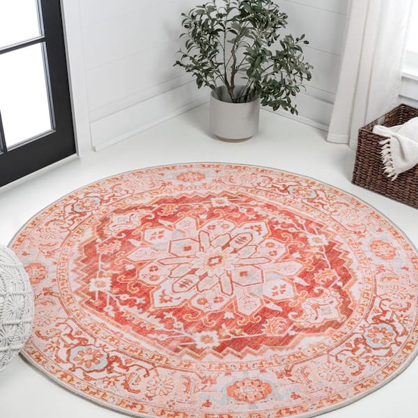 Asa Ornate Orange/Cream 5 ft. Medallion Machine-Washable Round Area Rug