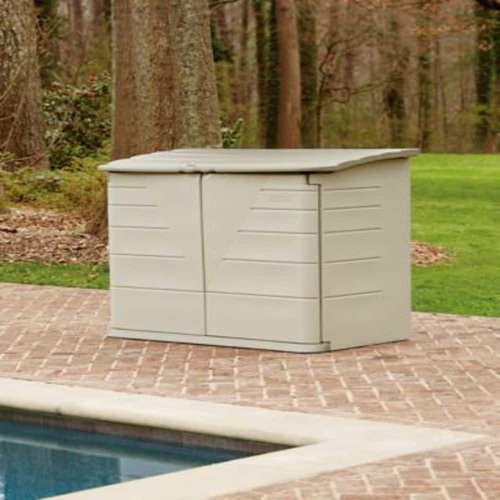 Beige and Gray Resin Horizontal Storage Shed with Shelving