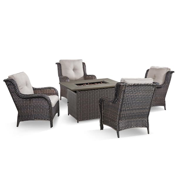 5-Piece Brown Wicker Patio Chairs for 4 with Gas Propane Fire Pit Table Sets Beige Cushions