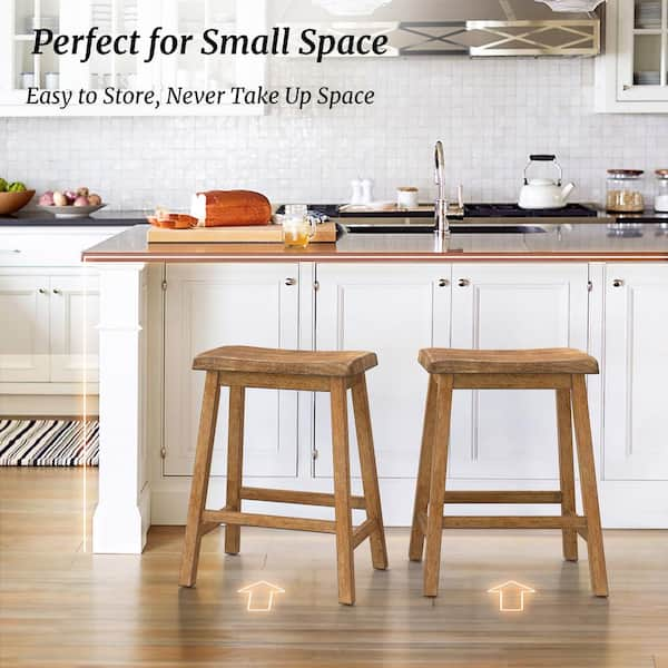 24 in. Natural Solid Wood Backless Saddle Counter Stool Bar Stool Set of 4